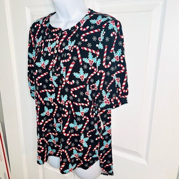 Modcloth Winning Them Over Short Sleeve Holiday Top Black Candy Cane M NWT - Picture 7 of 9